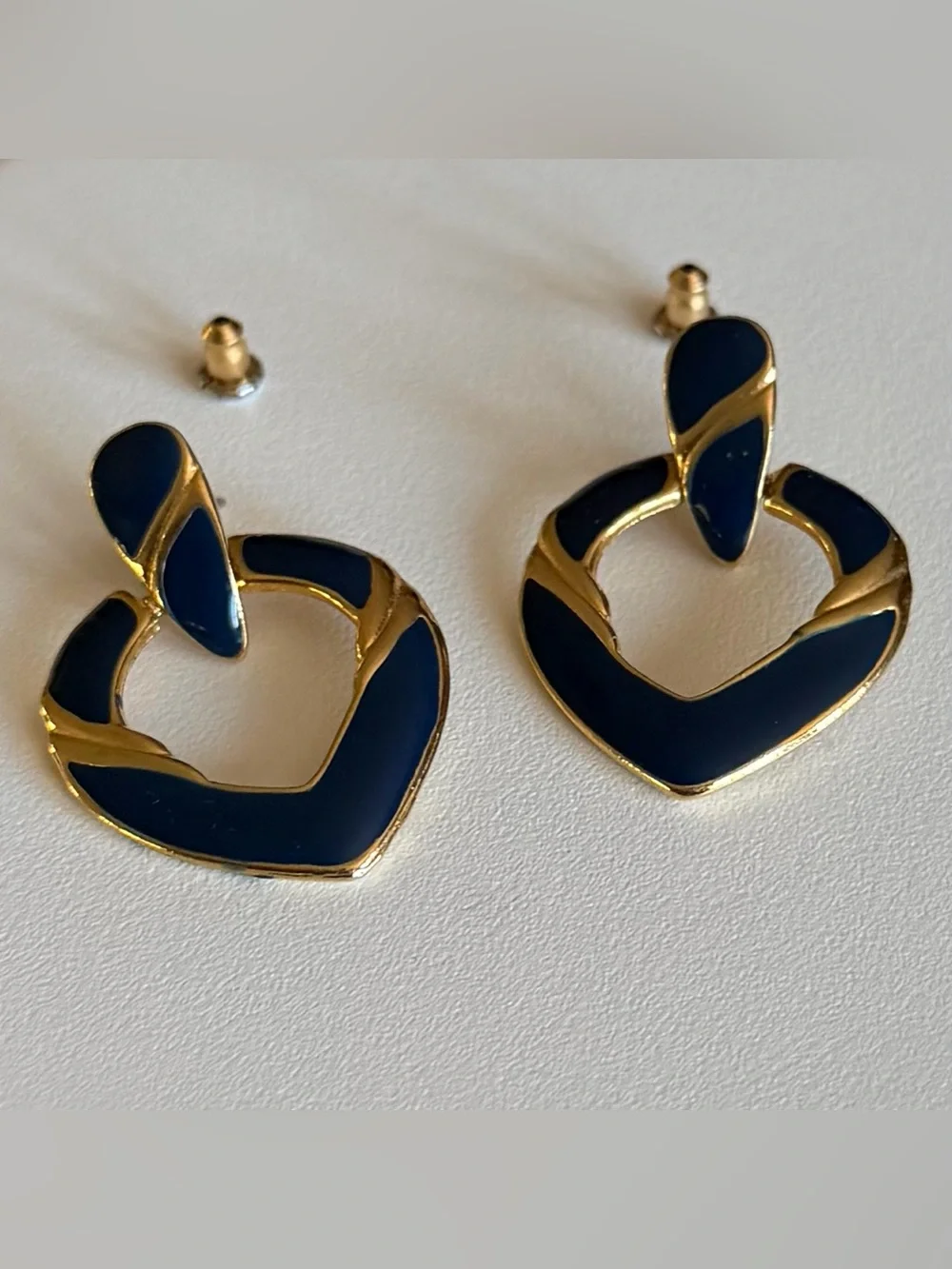 Vintage Gold and Navy Enamel Heart Drop Earrings - Women Jewelry